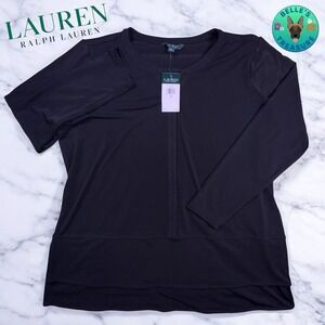 Ralph‎ Lauren LRL Blouse Women 2XL Black Liquid Knit 3/4 Sleeve Tiered Stretch